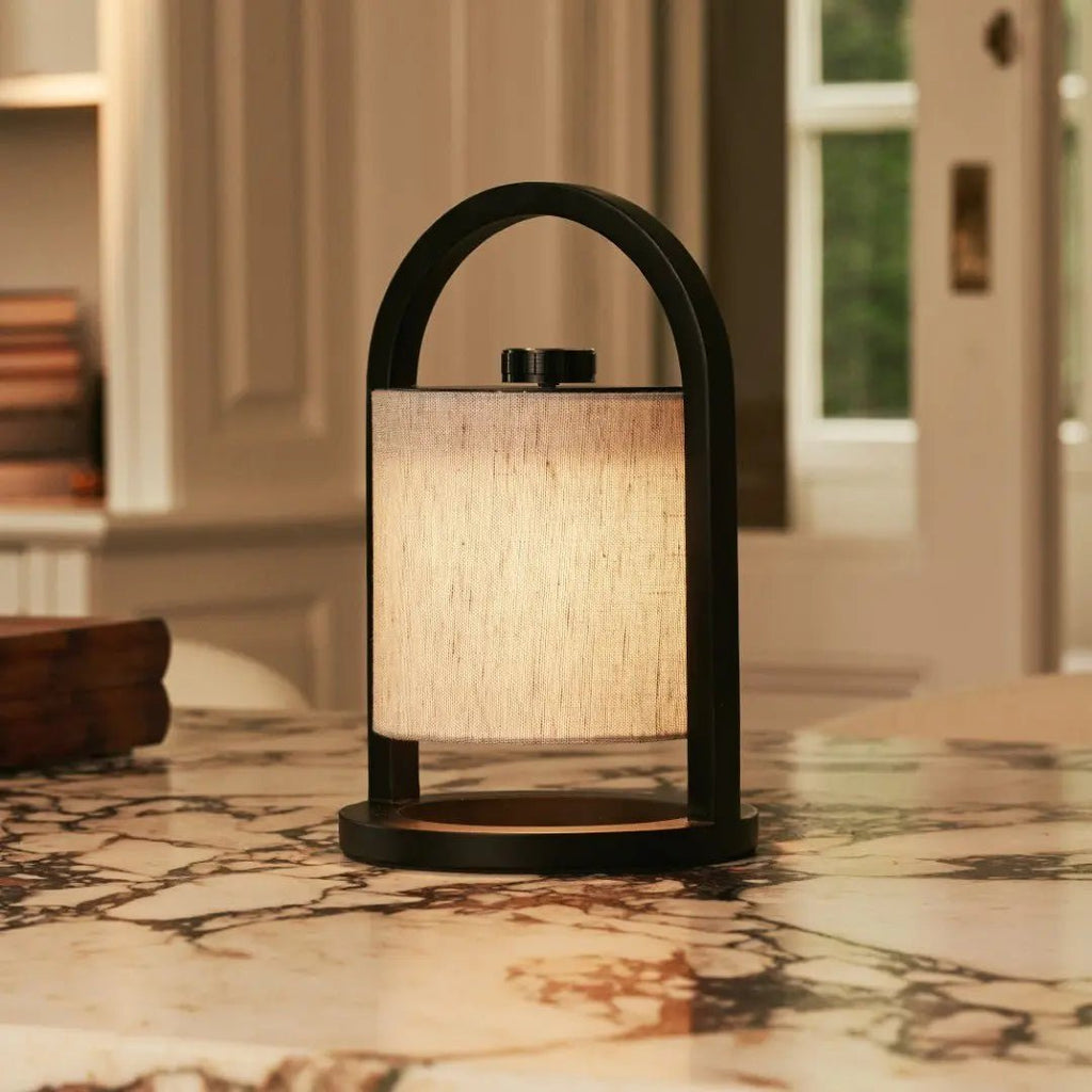 River cordless lamp detail of linen shade and black wood