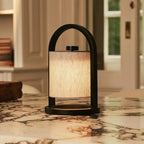 River cordless lamp detail of linen shade and black wood