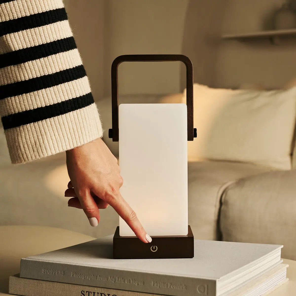 Harper cordless lamp detail of dark rubberwood finish