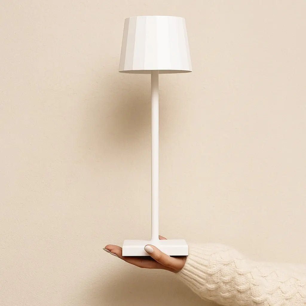 Sael metal lamp side view showing cylindrical white form