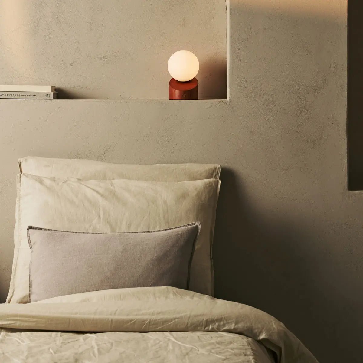 Morris cordless lamp detail of glass shade and rubberwood base