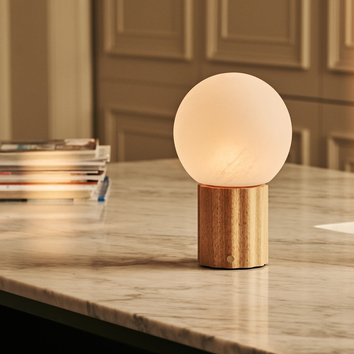 Wim Light Brown Wood & Glass Cordless Table Lamp