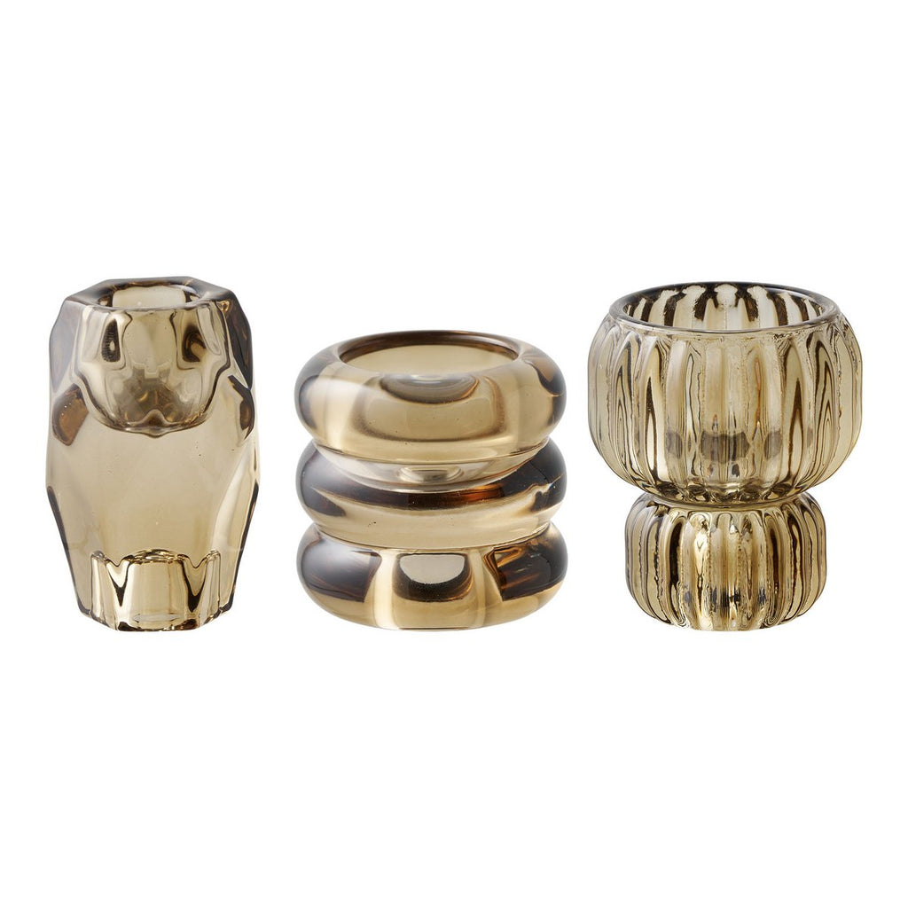Candle holder, glass, smoked brown, set of 3
