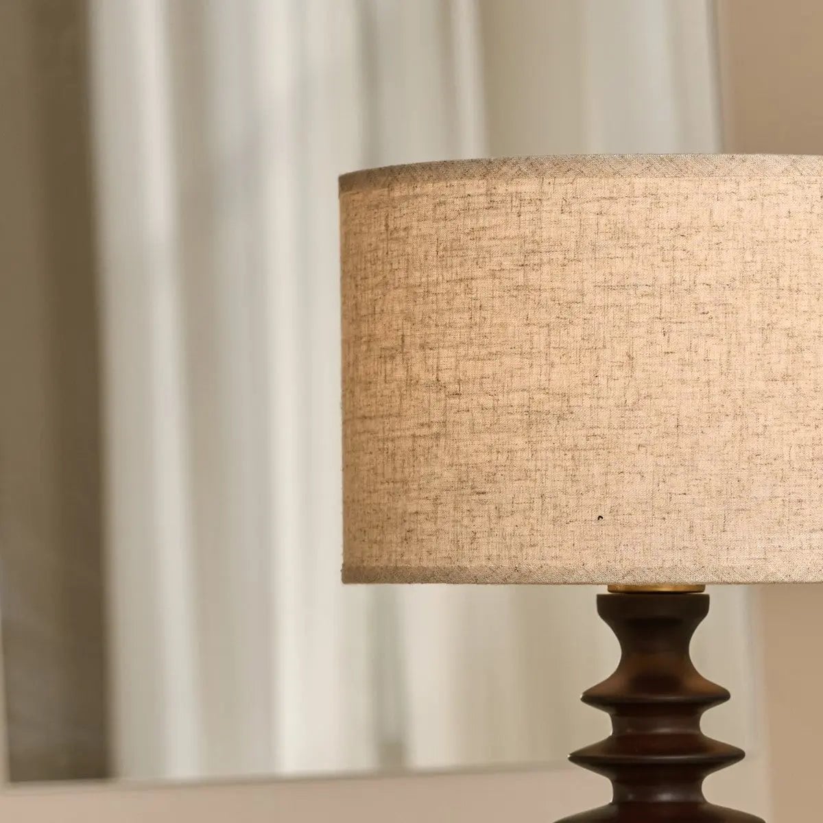 Bodhi Dark Brown Wooden Table Lamp with Beige Linen Shade