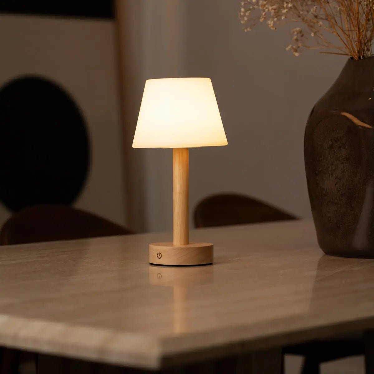 Zoe wood lamp touch-dim control close-up
