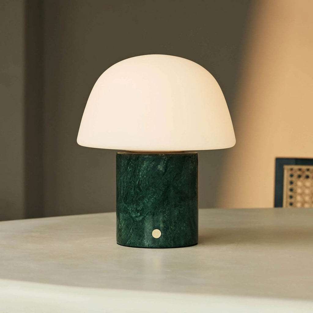 Maes marble lamp side view showing green stone and glass shade