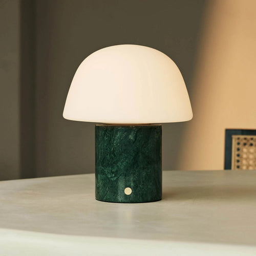 Maes marble lamp side view showing green stone and glass shade