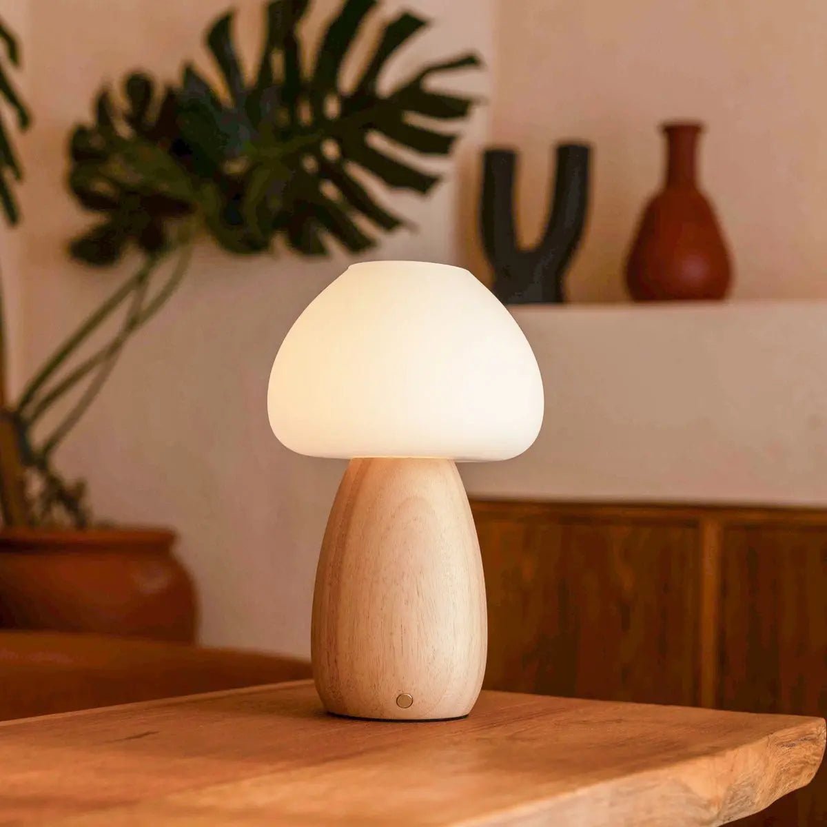 Beer wood glass lamp on bedside table
