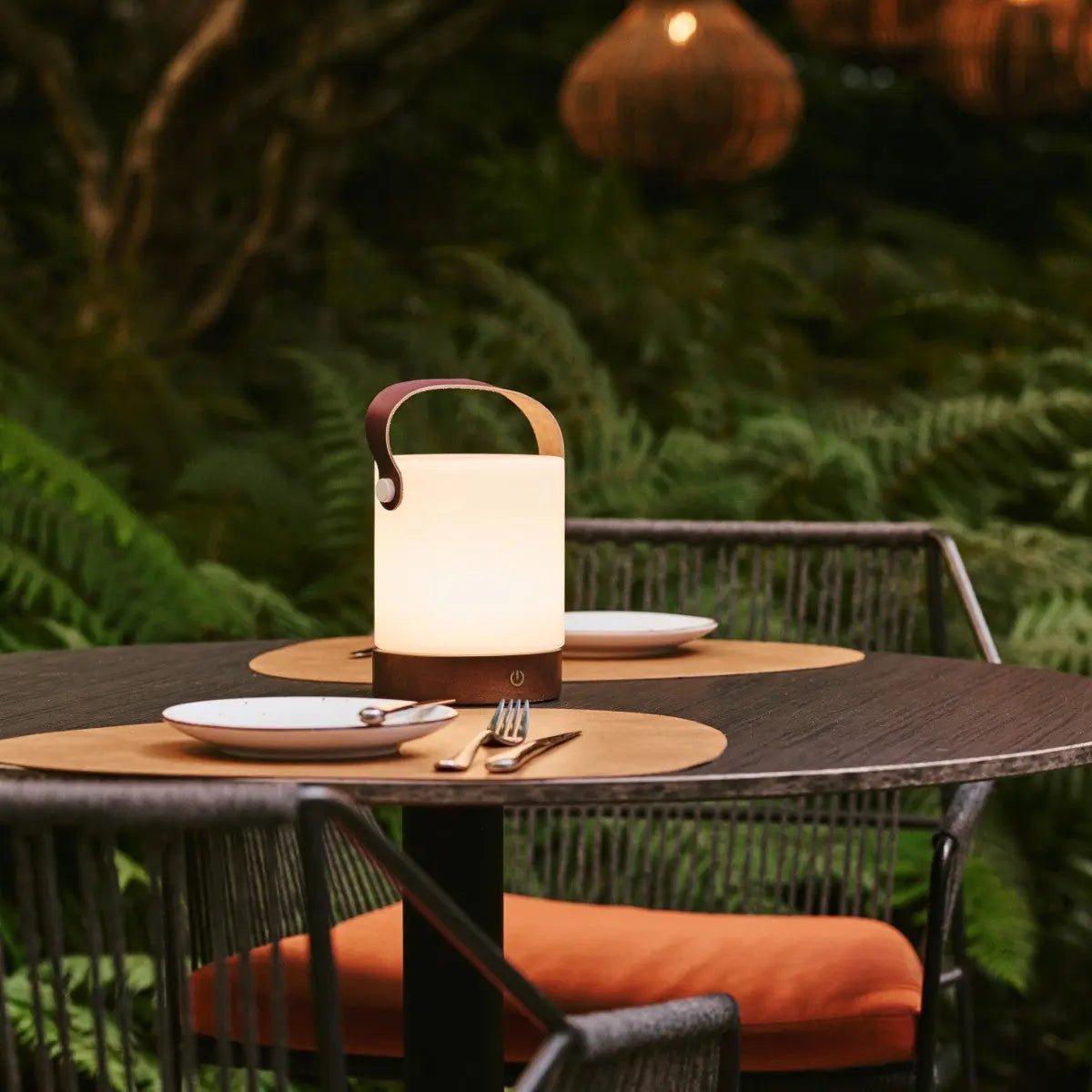 Avery wood leather lamp on outdoor terrace