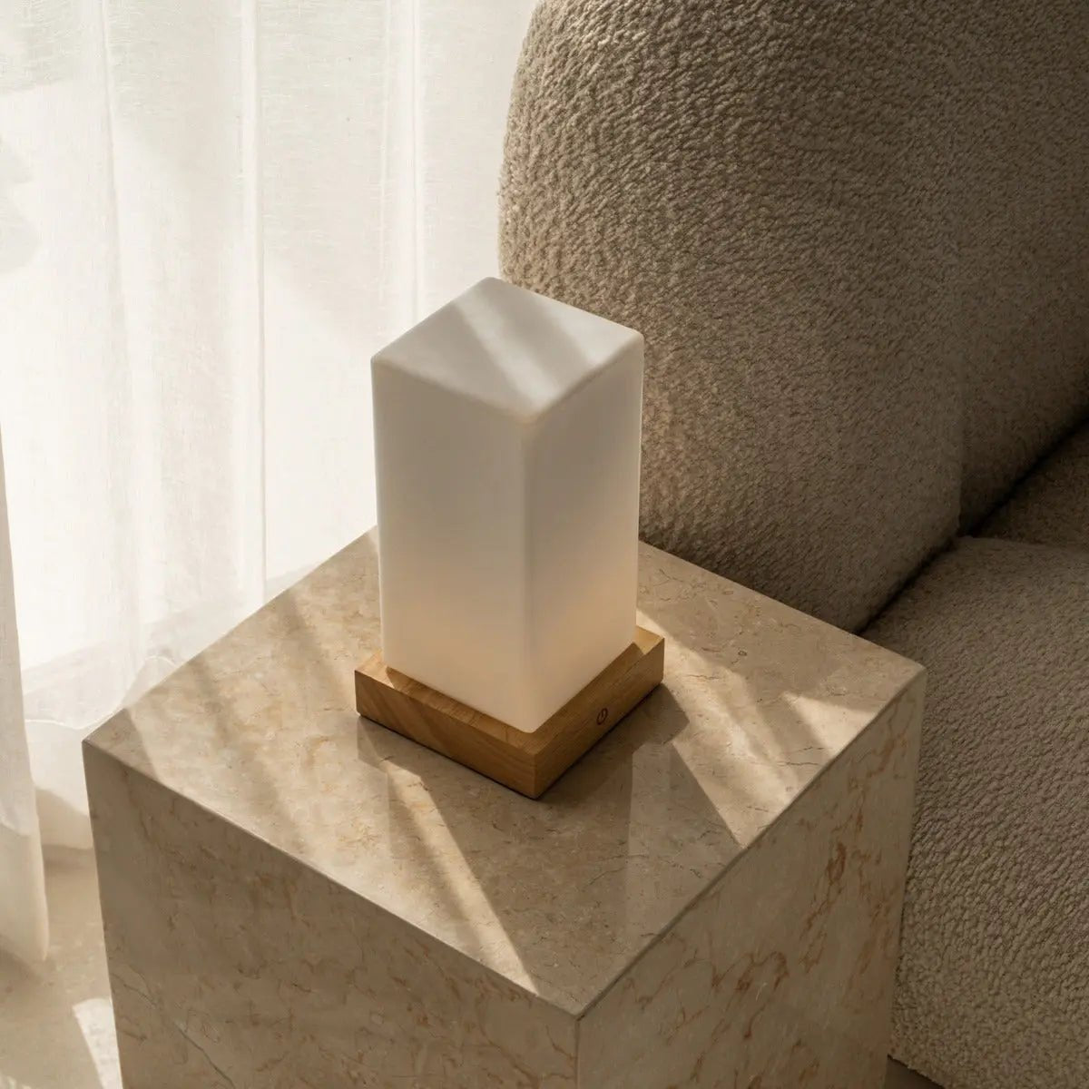 Zayn wood glass rechargeable cordless table lamp