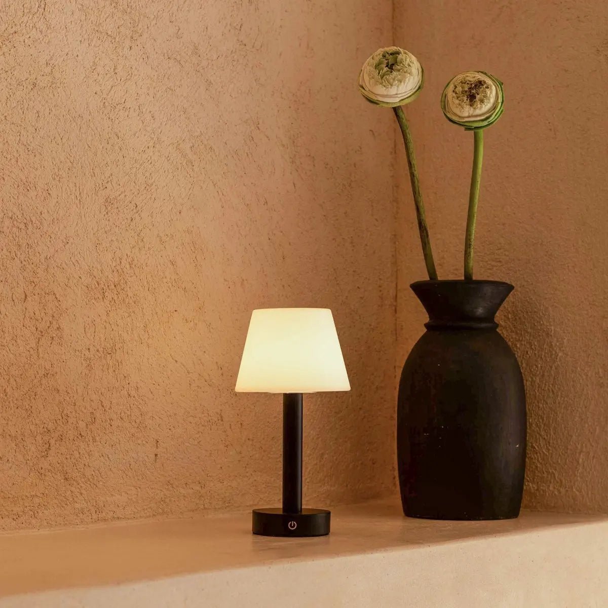 Zoe cordless lamp detail of black rubberwood finish