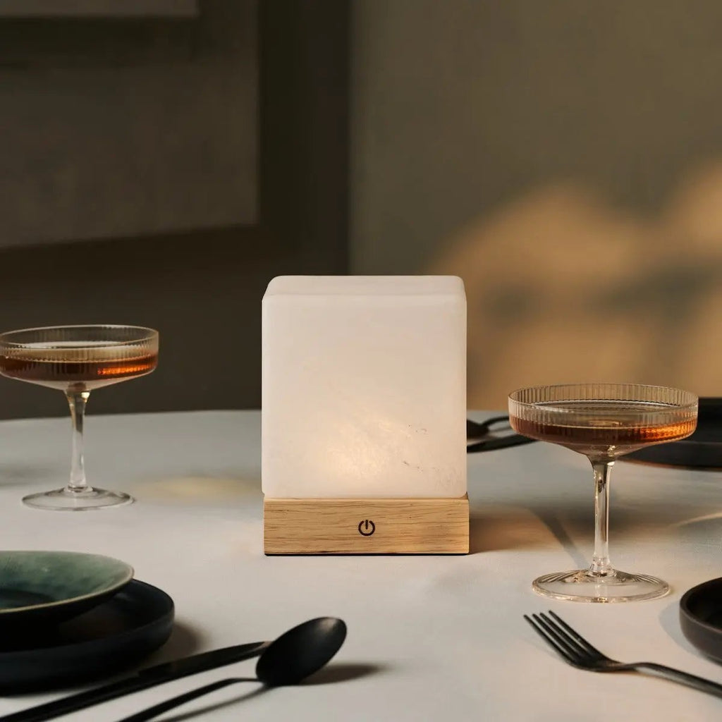 Yce Mini cordless lamp detail of glass shade and wood base
