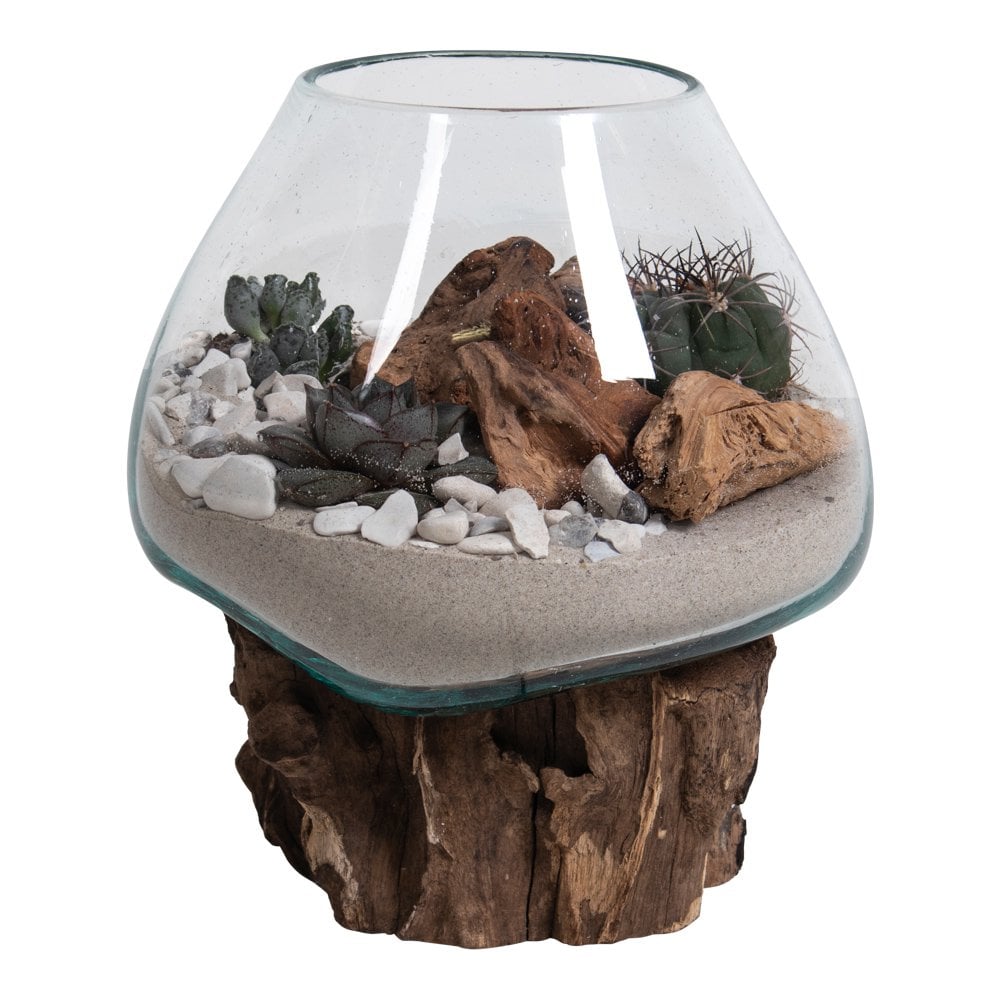 Belor teak display side view showing droplet-shaped glass holder