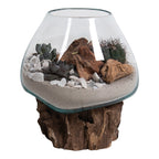 Belor teak display side view showing droplet-shaped glass holder