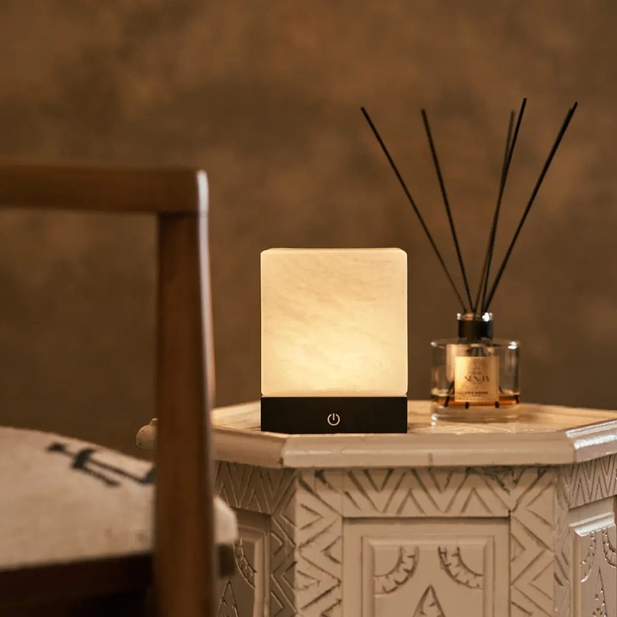Yce Mini black wood lamp in minimalist interior