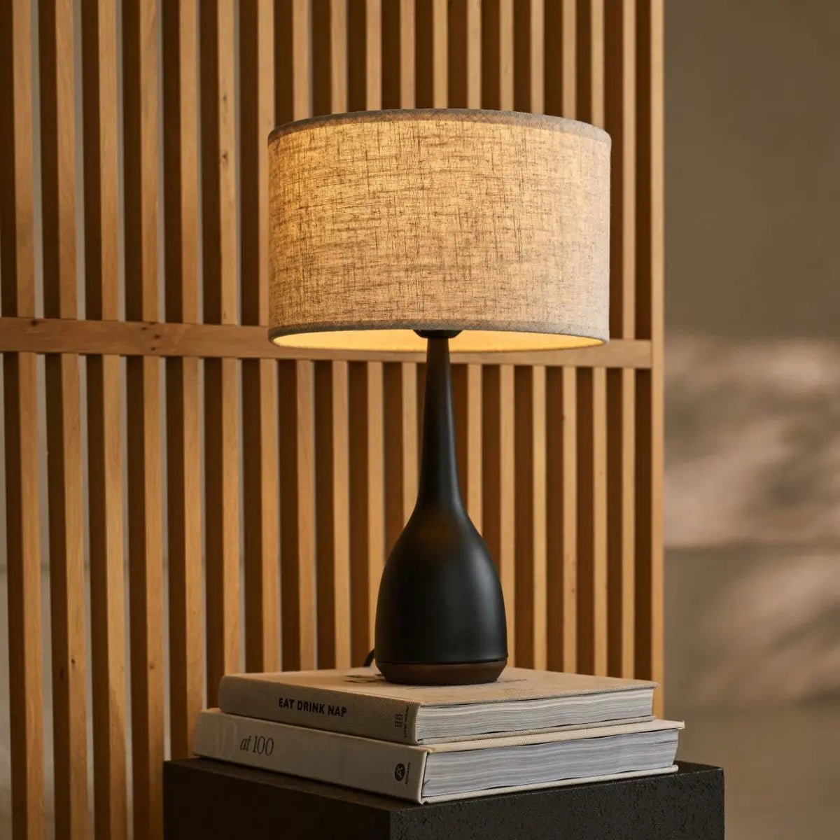 Jacob black wood lamp overhead view shade and base