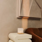 Yce Mini cordless lamp side view showing rubberwood and glass shade