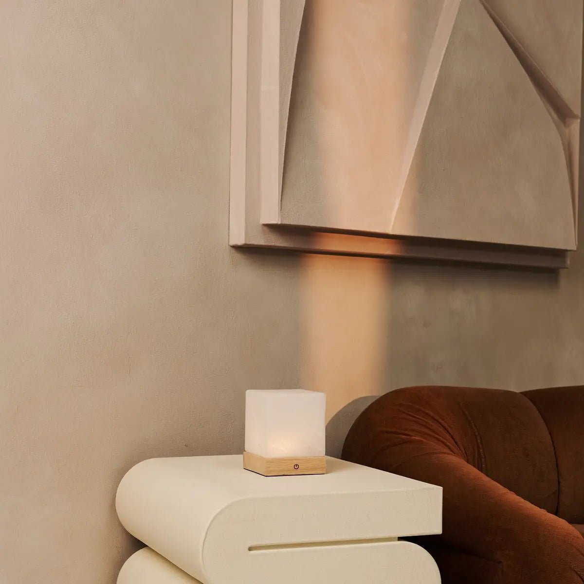 Yce Mini cordless lamp side view showing rubberwood and glass shade