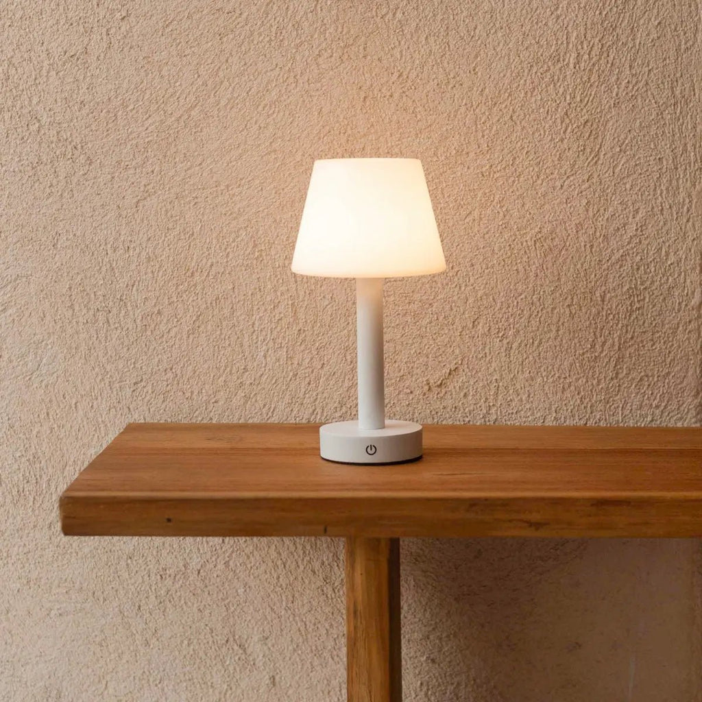 Zoe white wood lamp on outdoor terrace