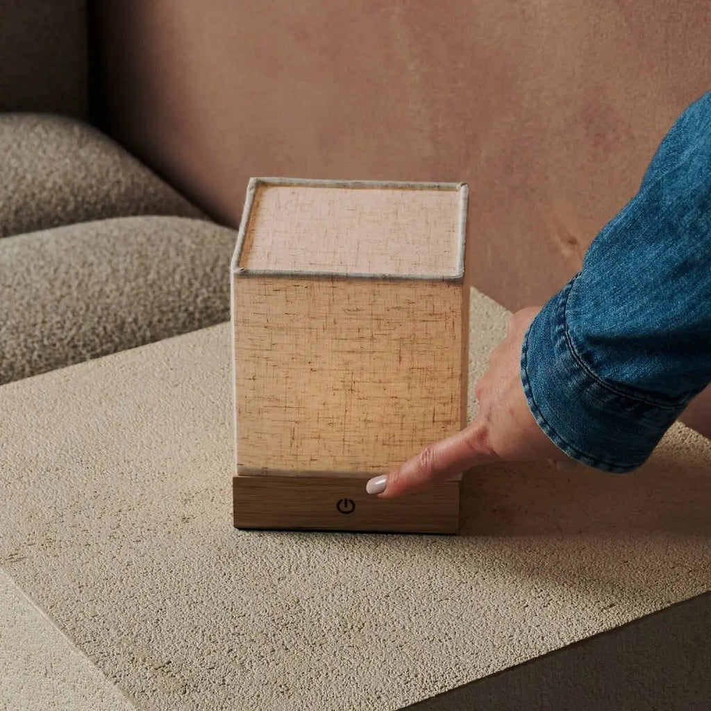 Zano linen cordless rechargeable table lamp natural rubberwood