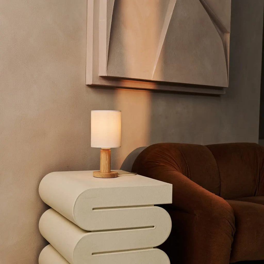 Boris corded lamp close-up of sustainable rubberwood base