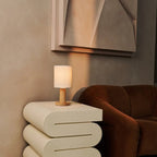 Boris corded lamp close-up of sustainable rubberwood base
