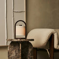 River dark wood linen rechargeable cordless table lamp