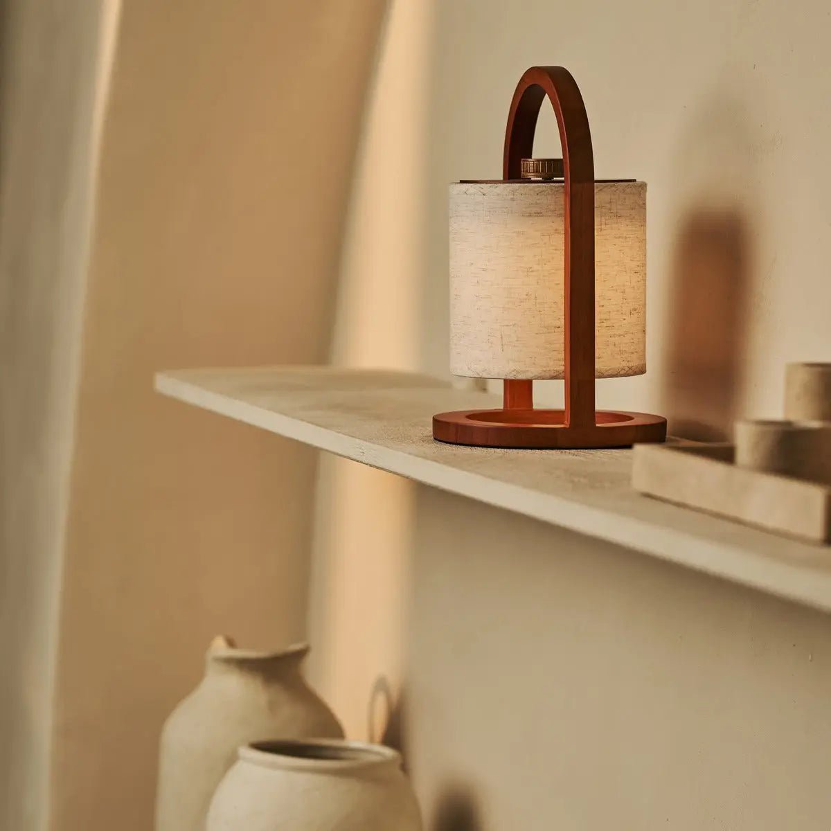 River linen wooden lamp on dining table