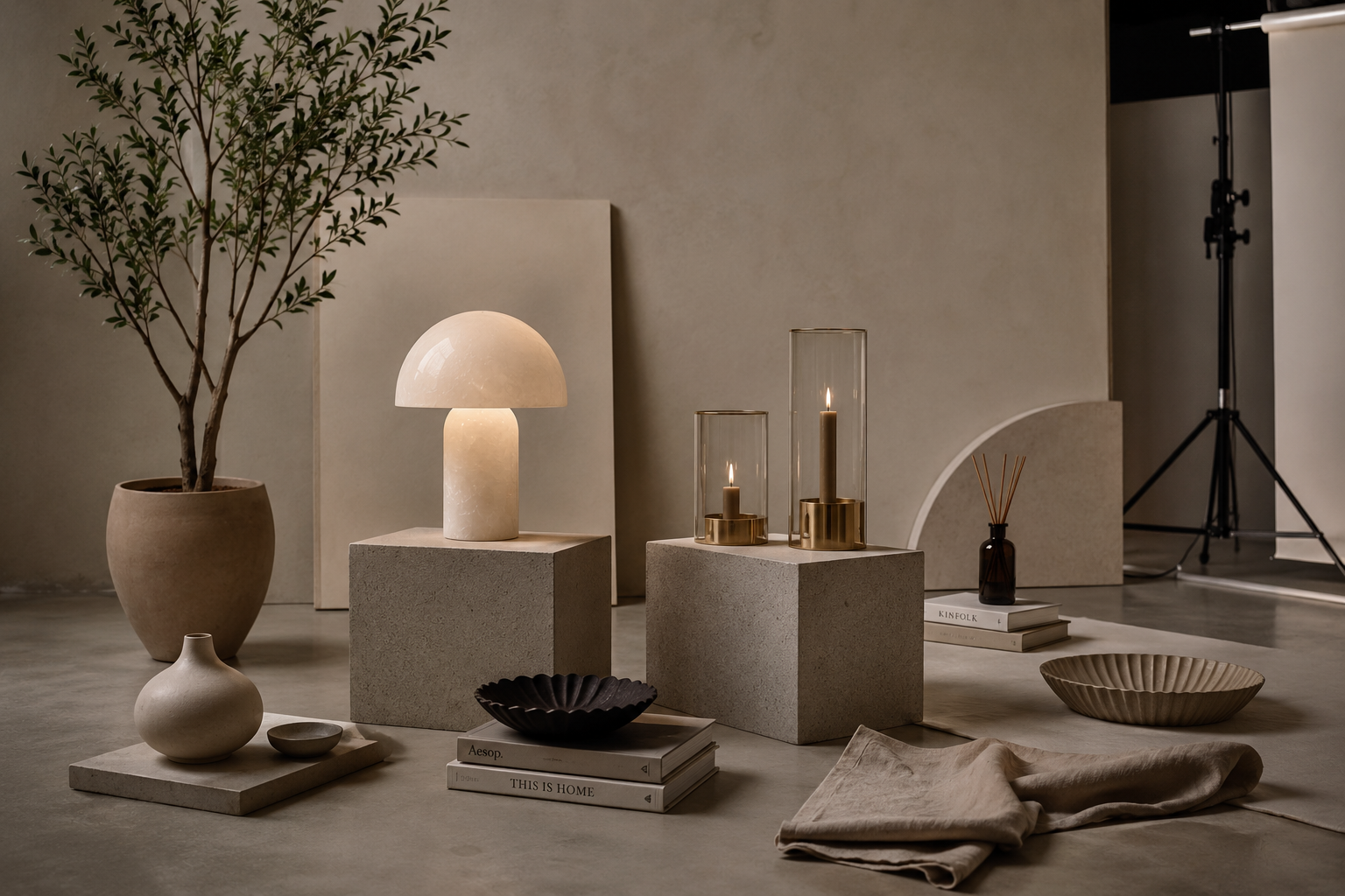 A styled interior scene with a mushroom-shaped table lamp glowing on a concrete pedestal, alongside candles in glass holders, books, folded linen, a bowl, and a potted tree against a warm beige wall.