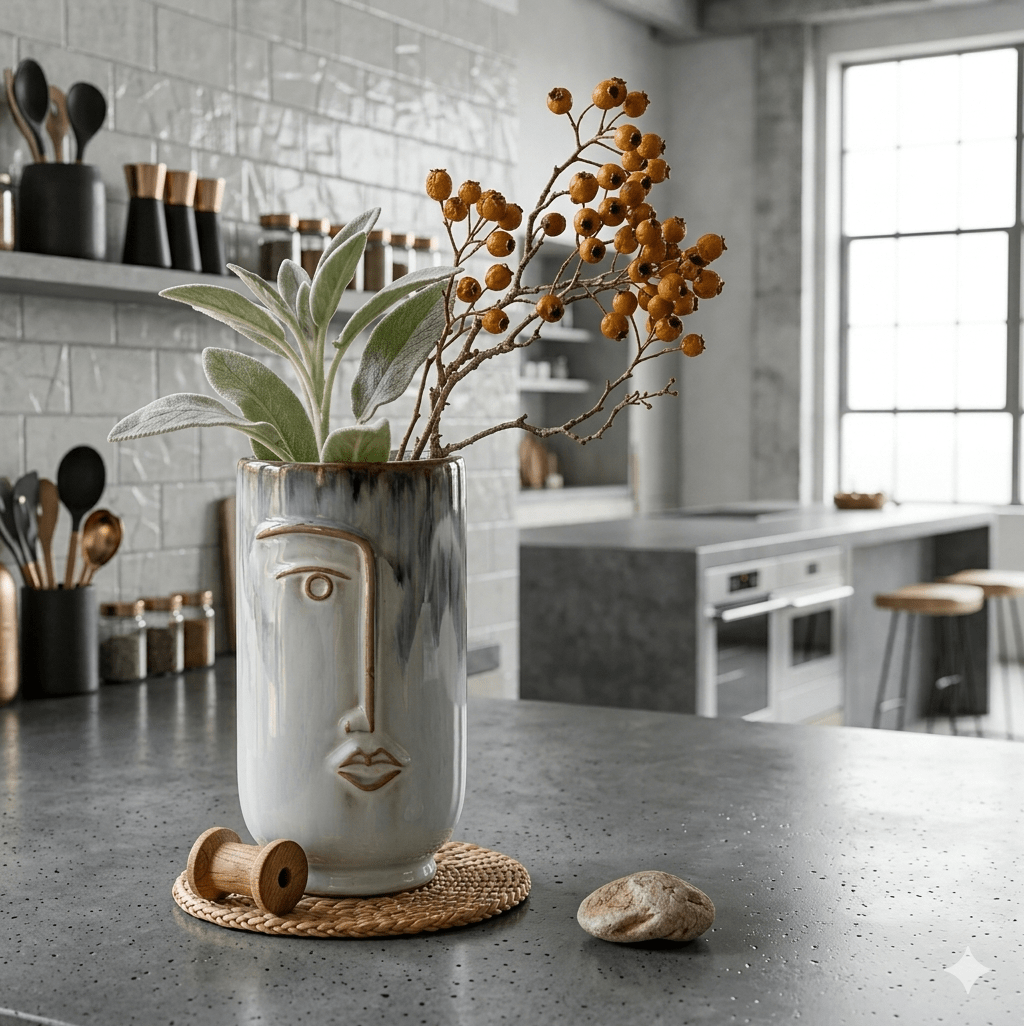 Faces porcelain vase side view showing stylized face design