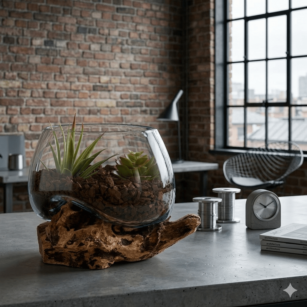 San Marino teak display side view showing rounded glass holder