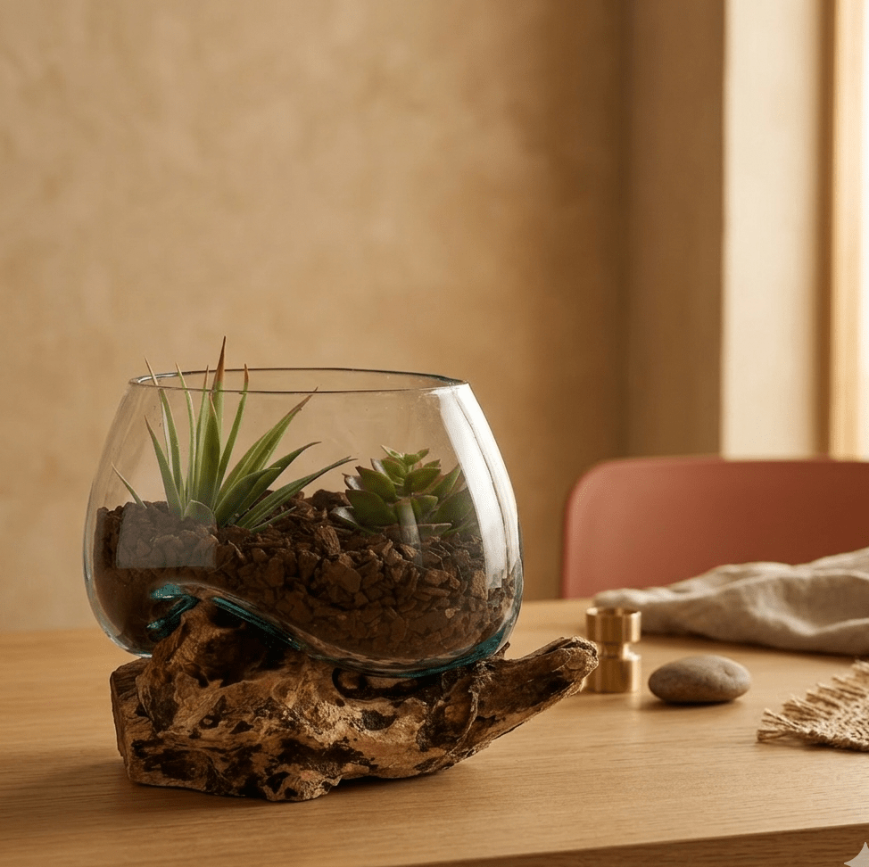 San Marino natural teak waterdrop glass decorative display