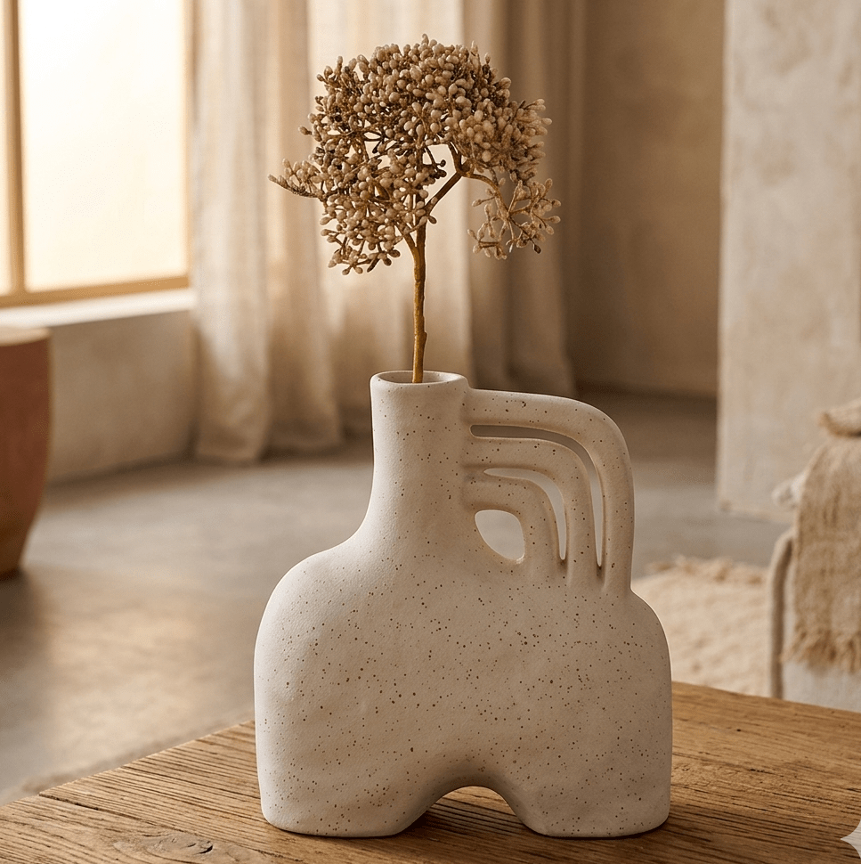 Elara sculptural beige ceramic vase with three overlapping handles