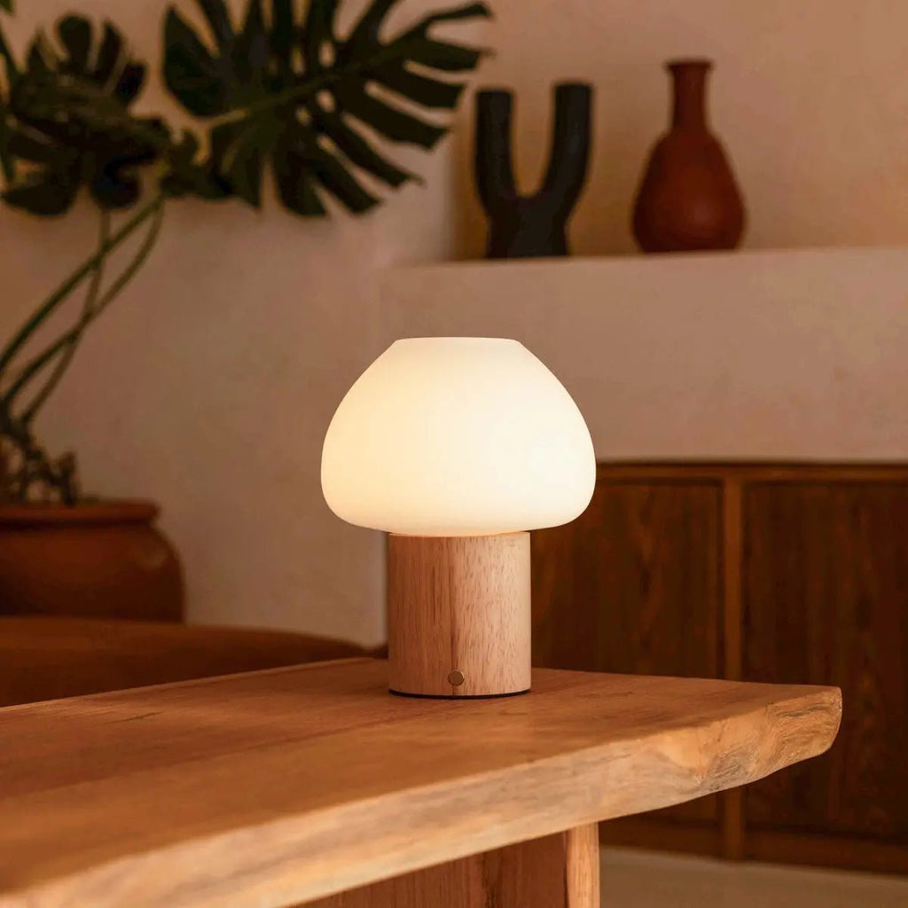 Fynn cordless lamp side view showing rubberwood base and matte glass