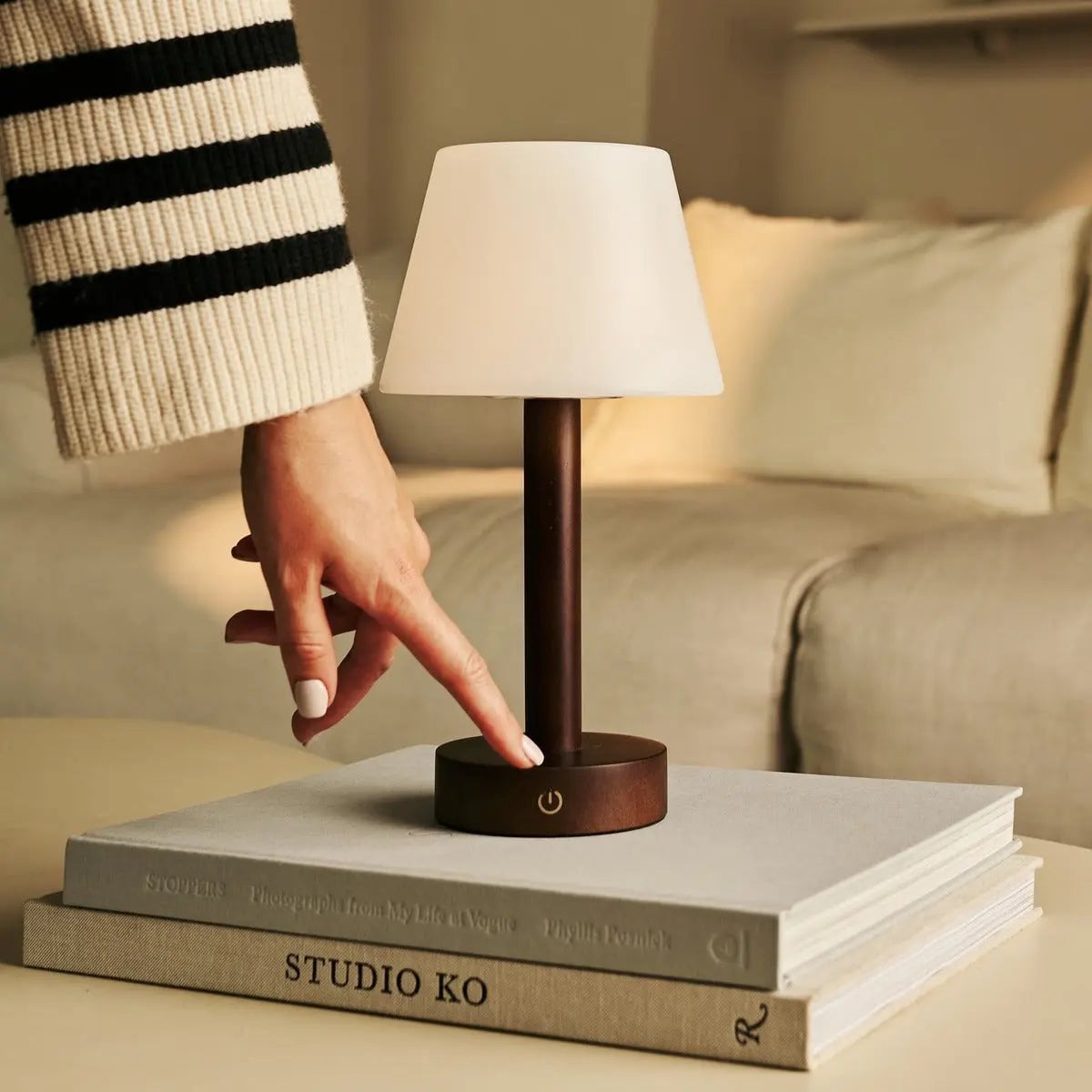 Zoe cordless lamp detail of dark rubberwood finish