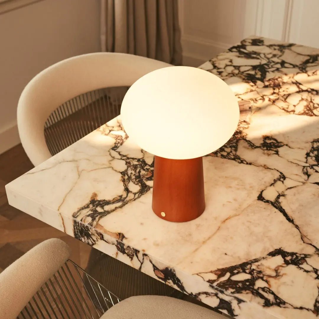 Max table lamp detail of glass shade and base pairing