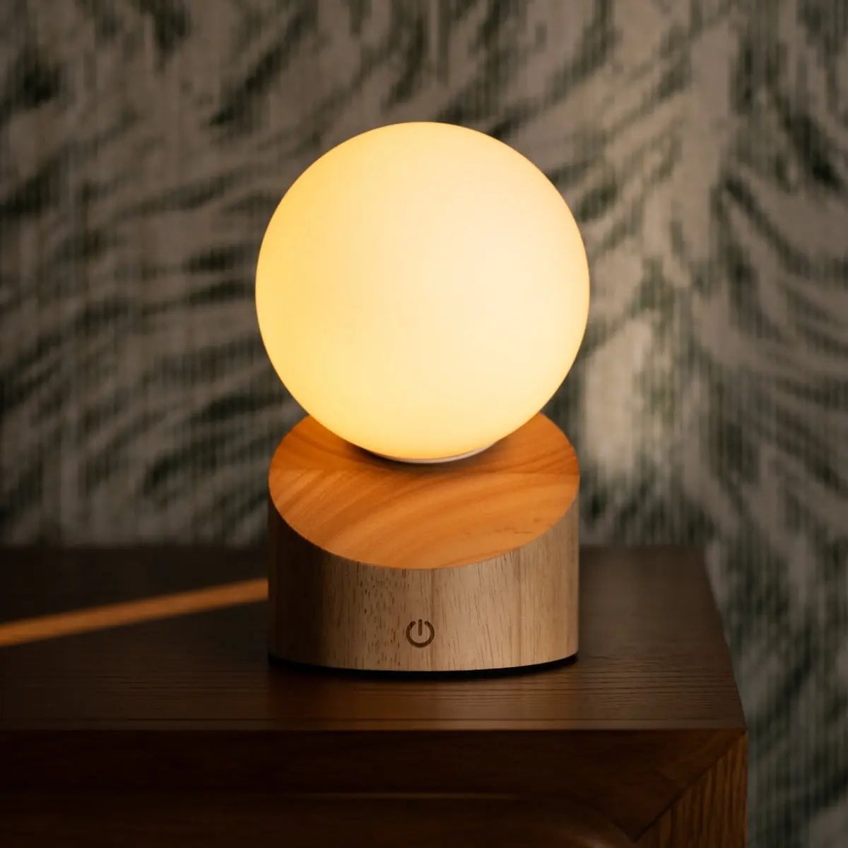 Morris wood glass lamp on bedside table