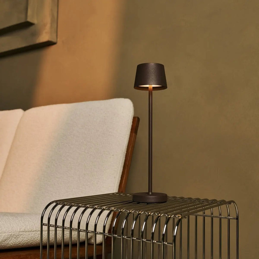 Vondel mocha brown rechargeable lamp on bedside table