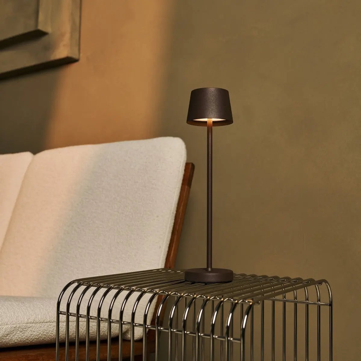 Vondel mocha brown rechargeable lamp on bedside table