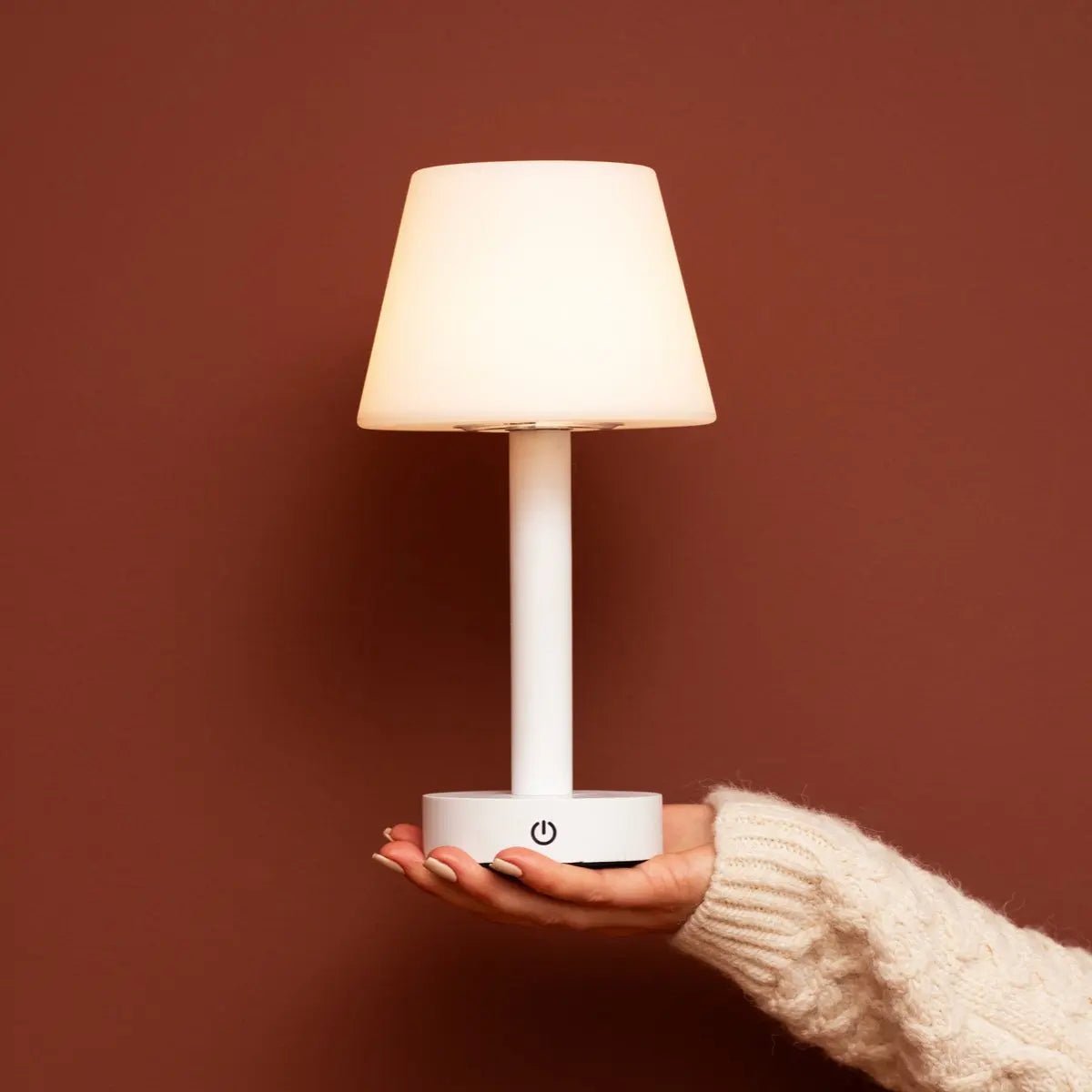 Zoe cordless lamp detail of white rubberwood finish