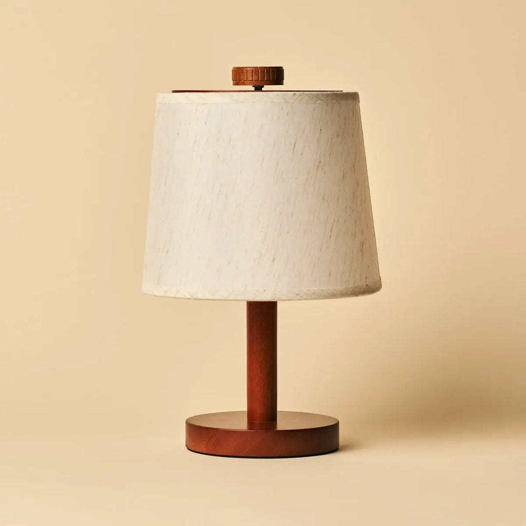 Rover Chestnut Brown Rubberwood Cordless Table Lamp with Linen Shade