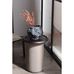 Modern side table with a decorative rock and branches on a neutral background
