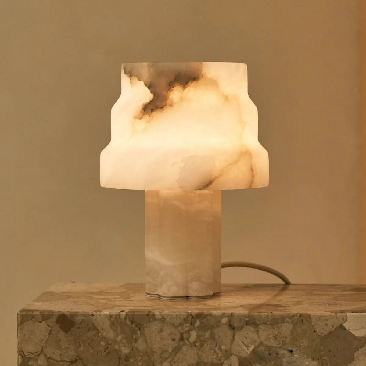 Vivere sculptural solid alabaster table lamp ivory warm glow