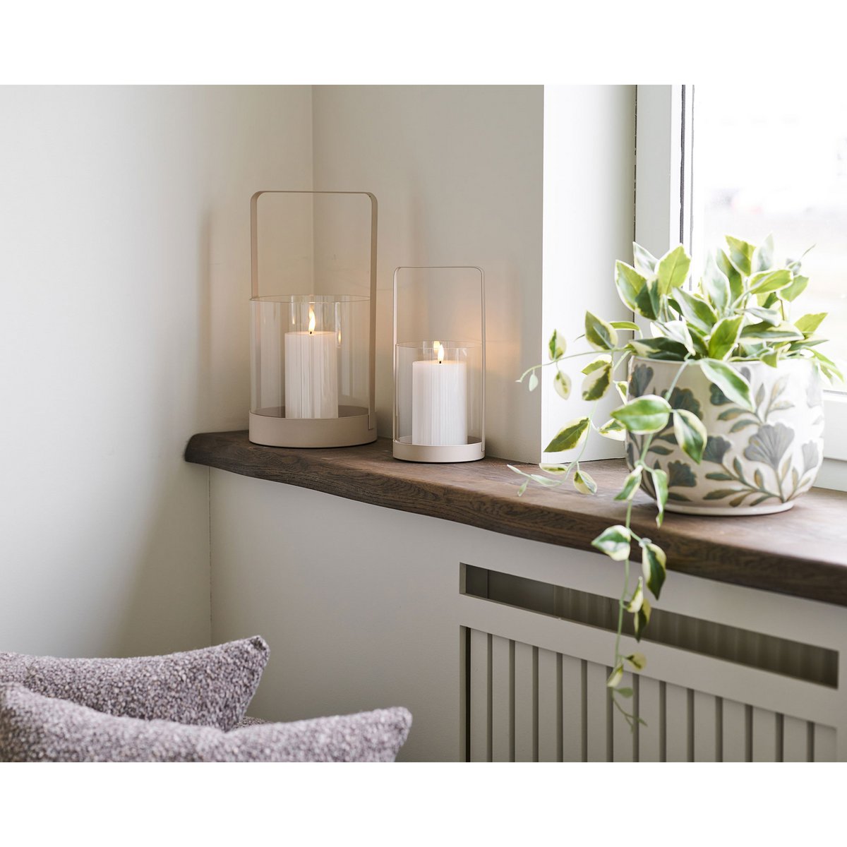 Beige Glass & Metal Hurricane Candle Holders – Set of 2