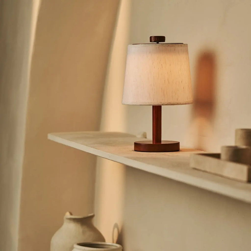 Rover Chestnut Brown Rubberwood Cordless Table Lamp with Linen Shade