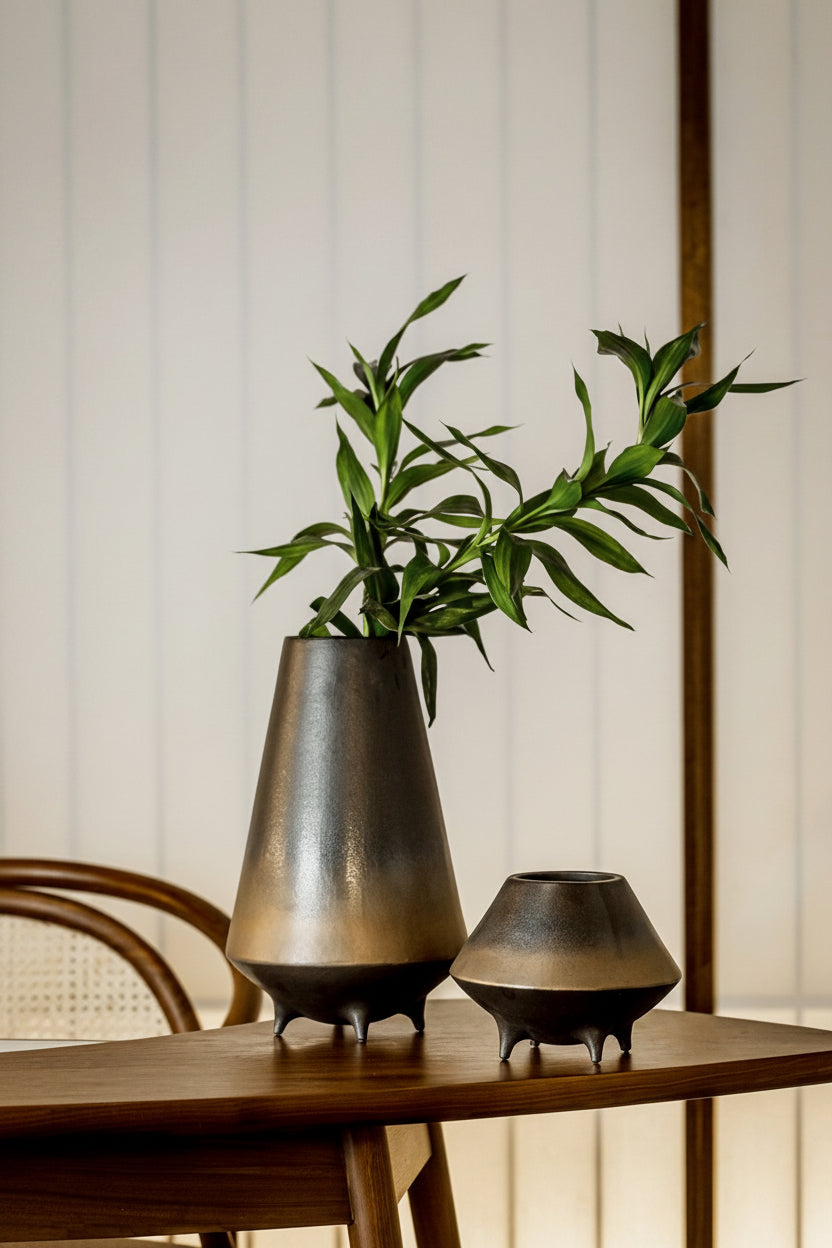 Two ceramic vases with a plant on a wooden table, branded 'Oriental' by Element Accessories.
