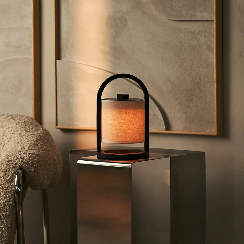 River dark wood lamp detail of linen shade texture
