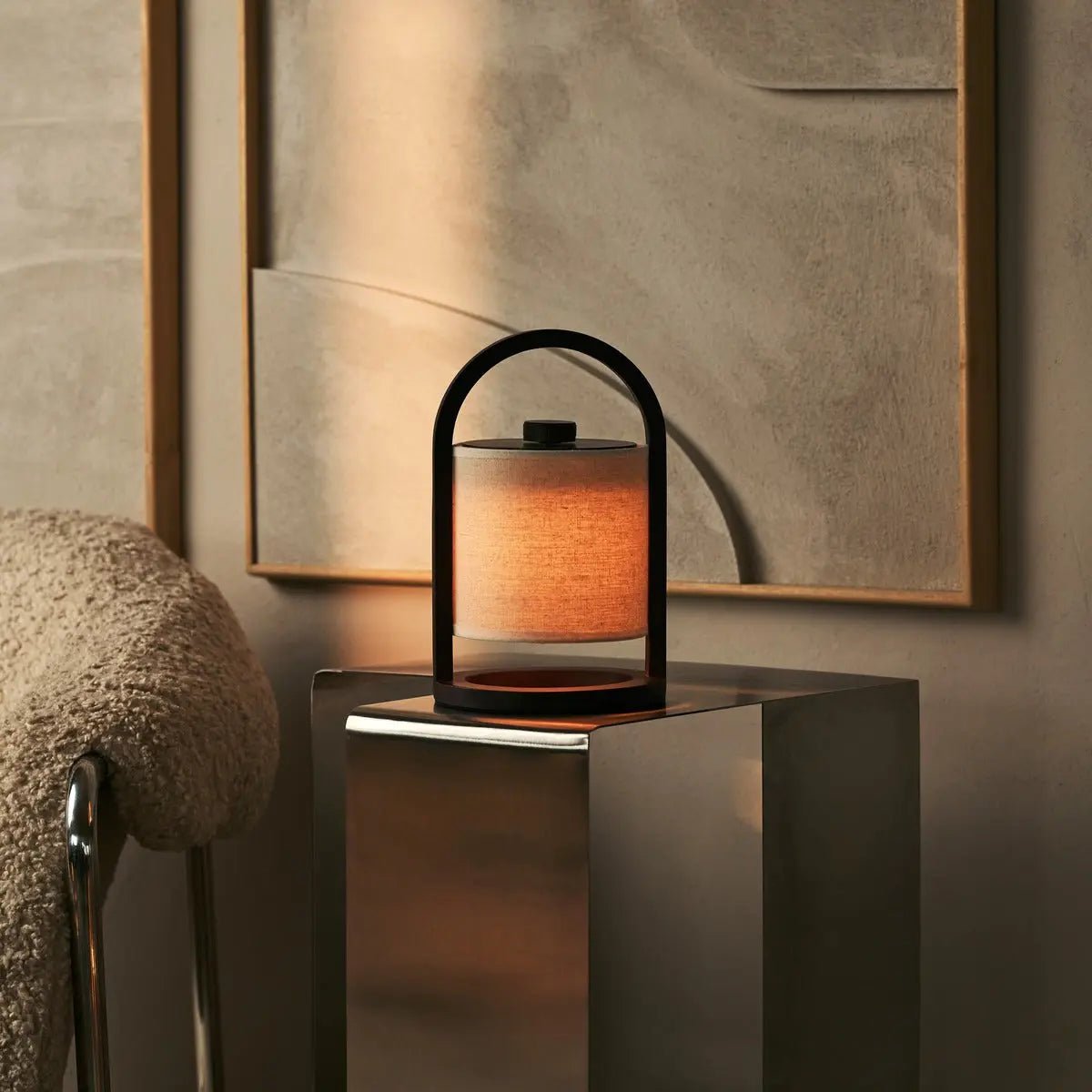 River dark wood lamp detail of linen shade texture