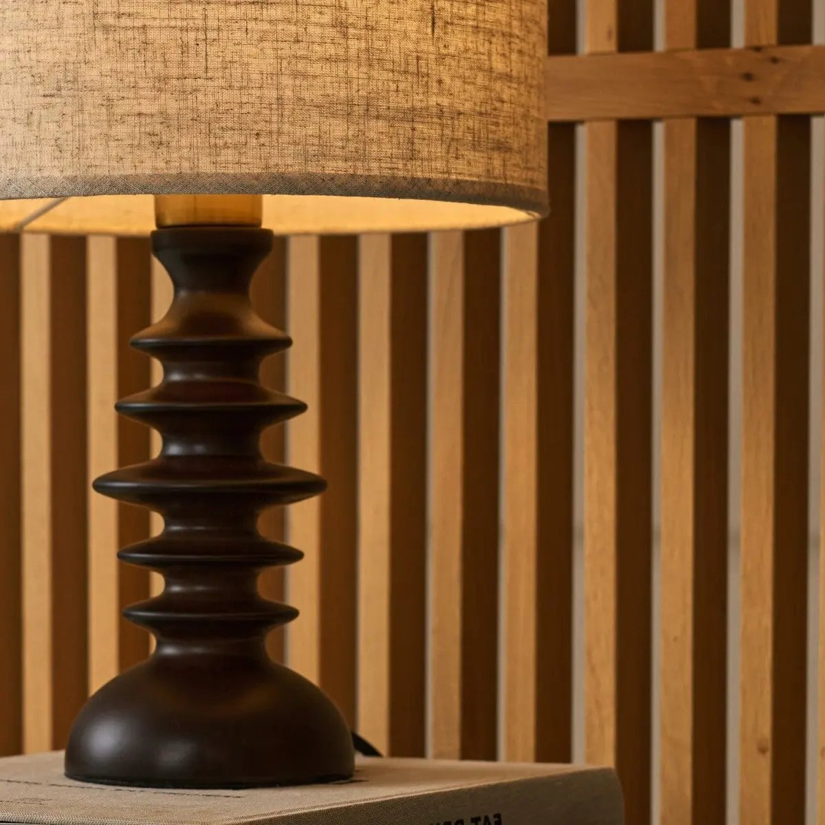 Bodhi Dark Brown Wooden Table Lamp with Beige Linen Shade