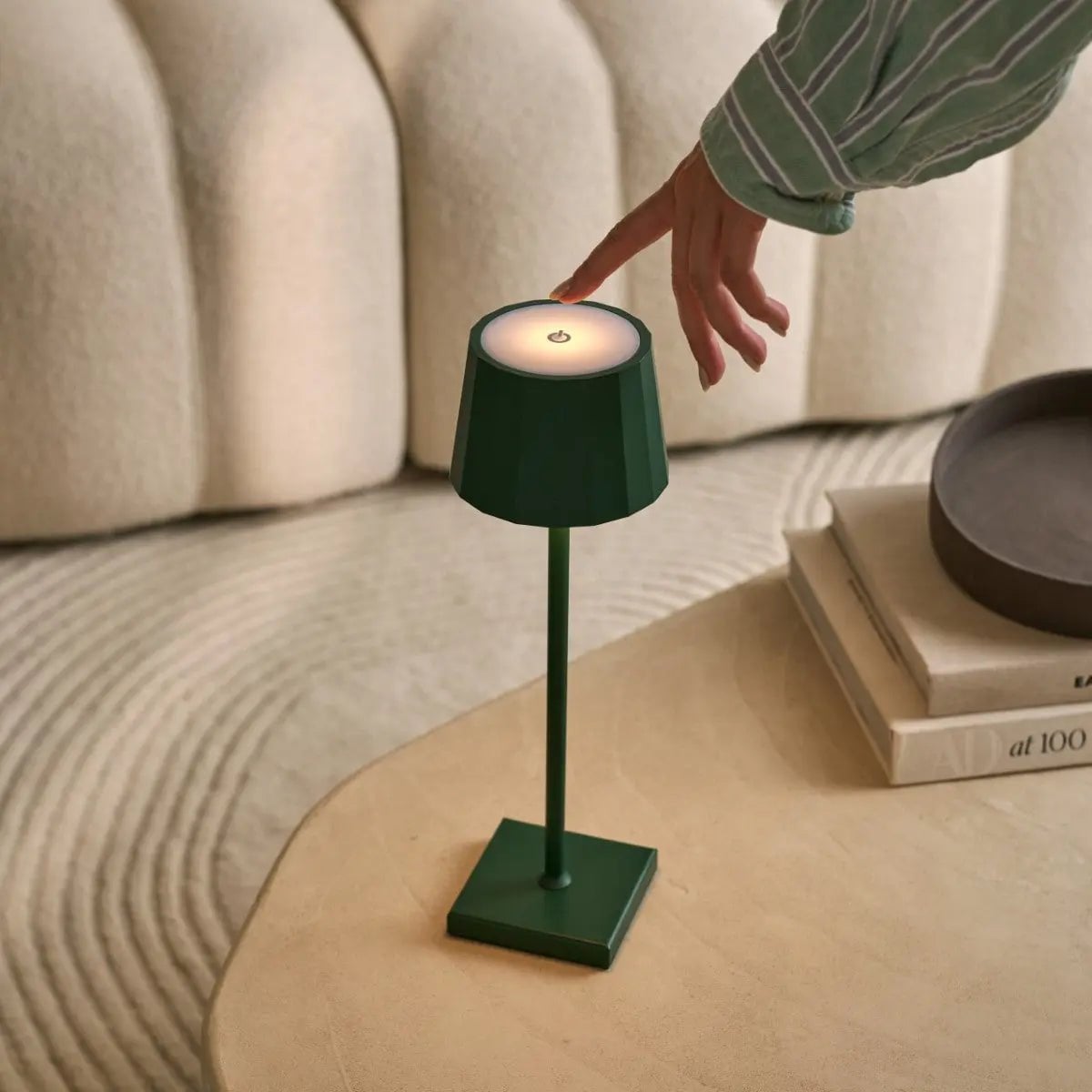 Vael cordless lamp detail of pine green metal finish